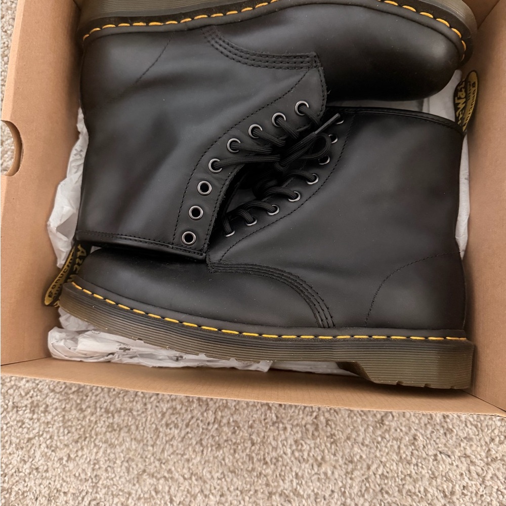 Dr. Martens Black Leather Boots with Yellow Stitching